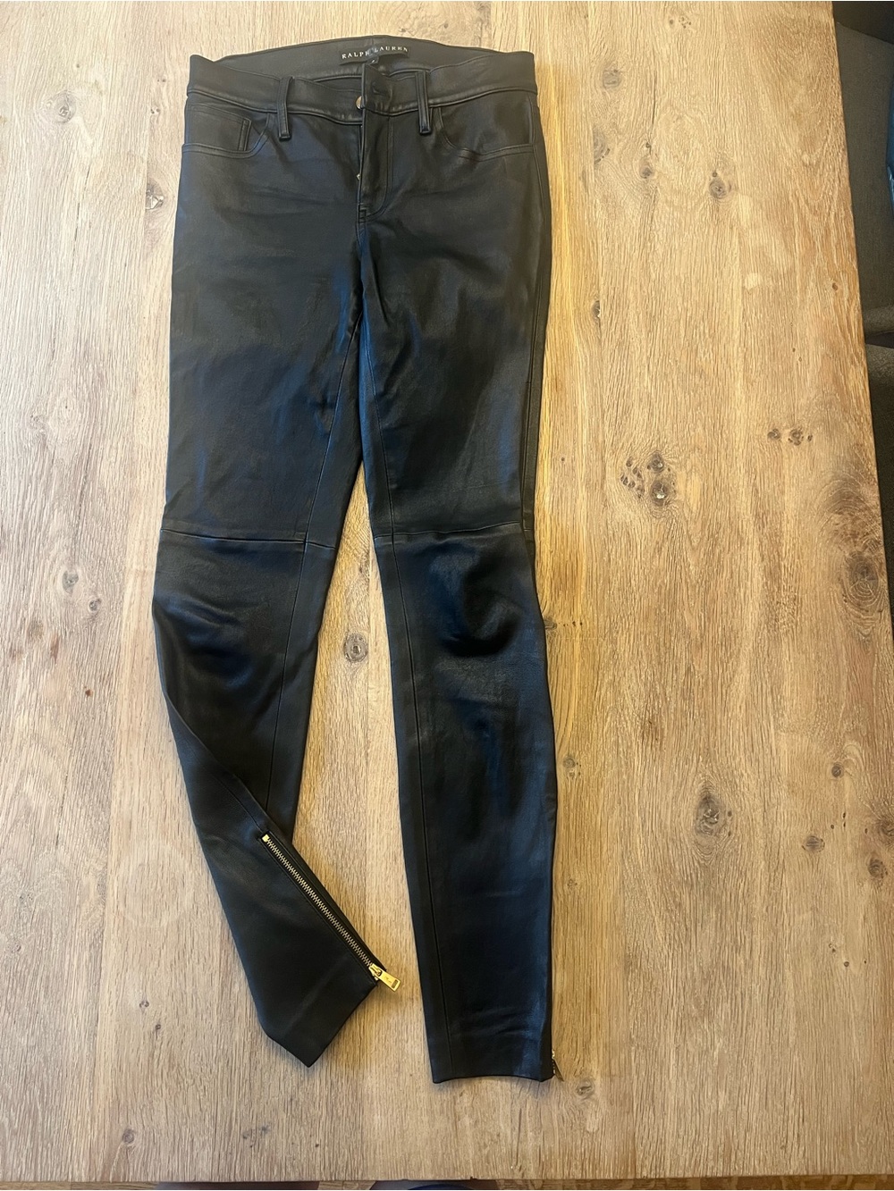 Ralph Lauren Black Womens stretch Leather ankle zip bottom jeans